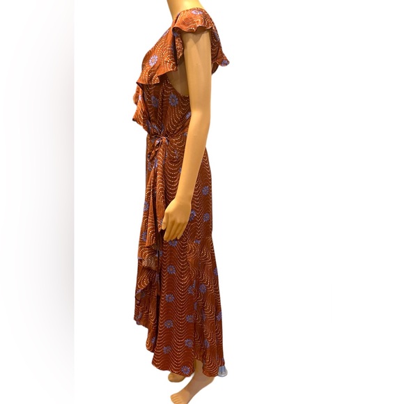 Anthropologie Ruffle Sleeve Printed Wrap Maxi Dress Brown Motif size XS - Picture 8 of 12